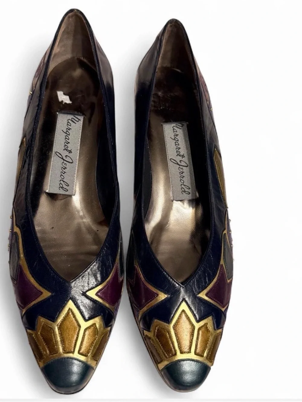 Women's Black Leather Pumps with Purple & Gold Accent Detailing